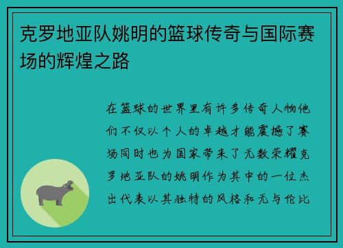 克罗地亚队姚明的篮球传奇与国际赛场的辉煌之路