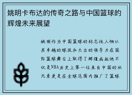 姚明卡布达的传奇之路与中国篮球的辉煌未来展望